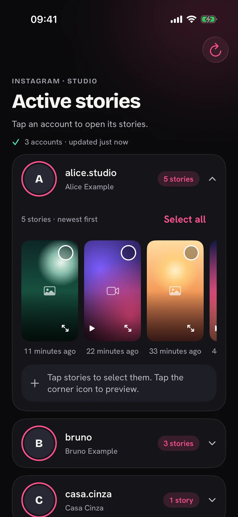 An Instagram account row opened to show its stories as one row.